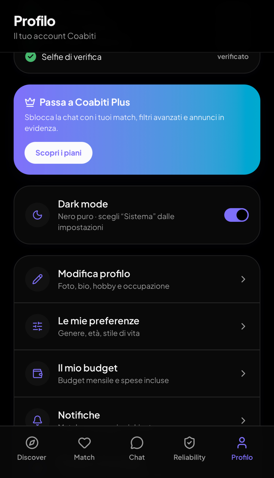 Profilo Coabiti in modalità nero puro