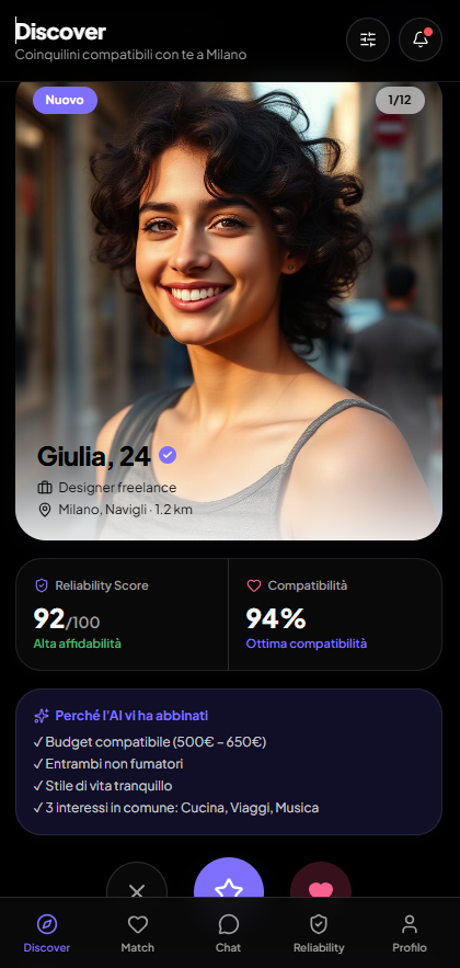Schermata Discover di Coabiti con profilo di Giulia e motivazione del match AI