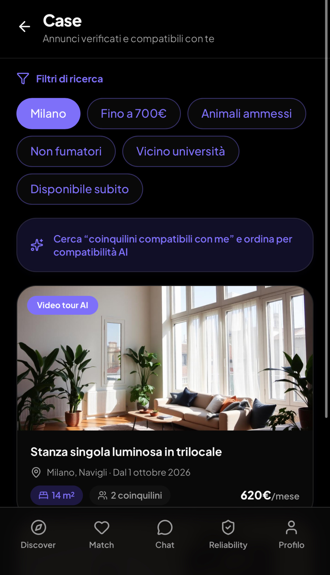 Schermata Case di Coabiti con filtri e annuncio verificato