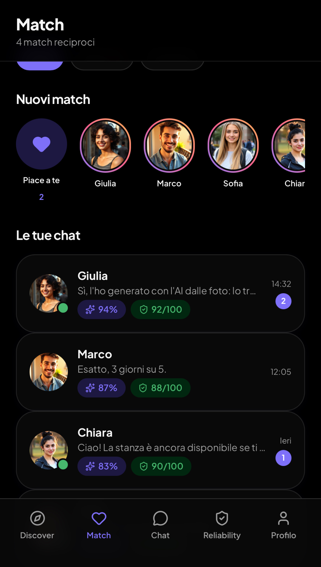 Schermata Match di Coabiti con nuovi match e chat