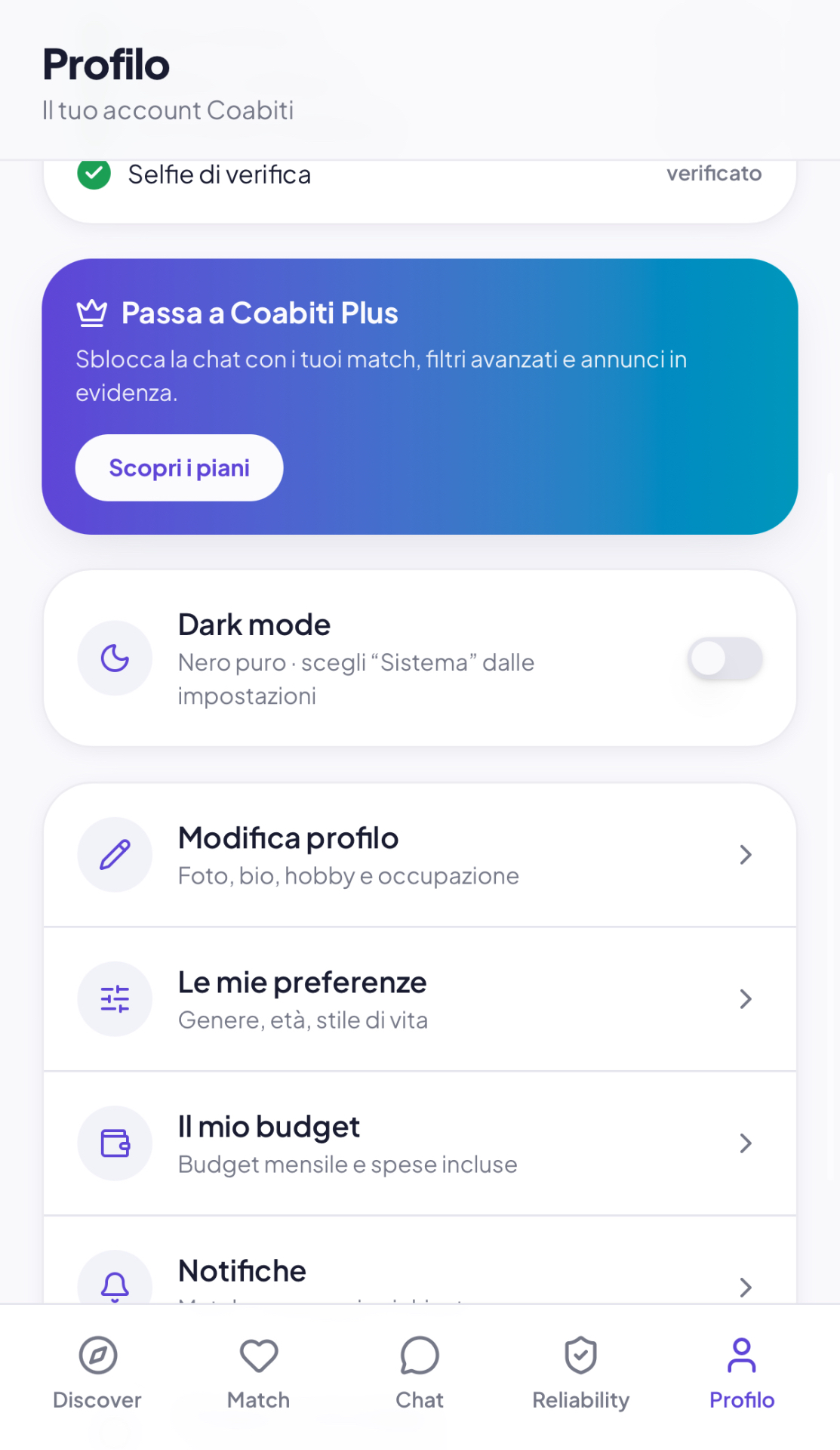 Profilo Coabiti in modalità chiara