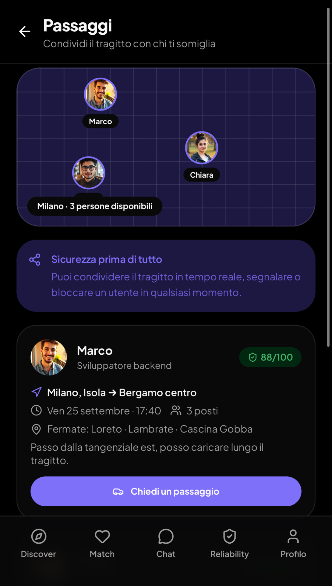 Schermata Passaggi di Coabiti con tragitto condiviso